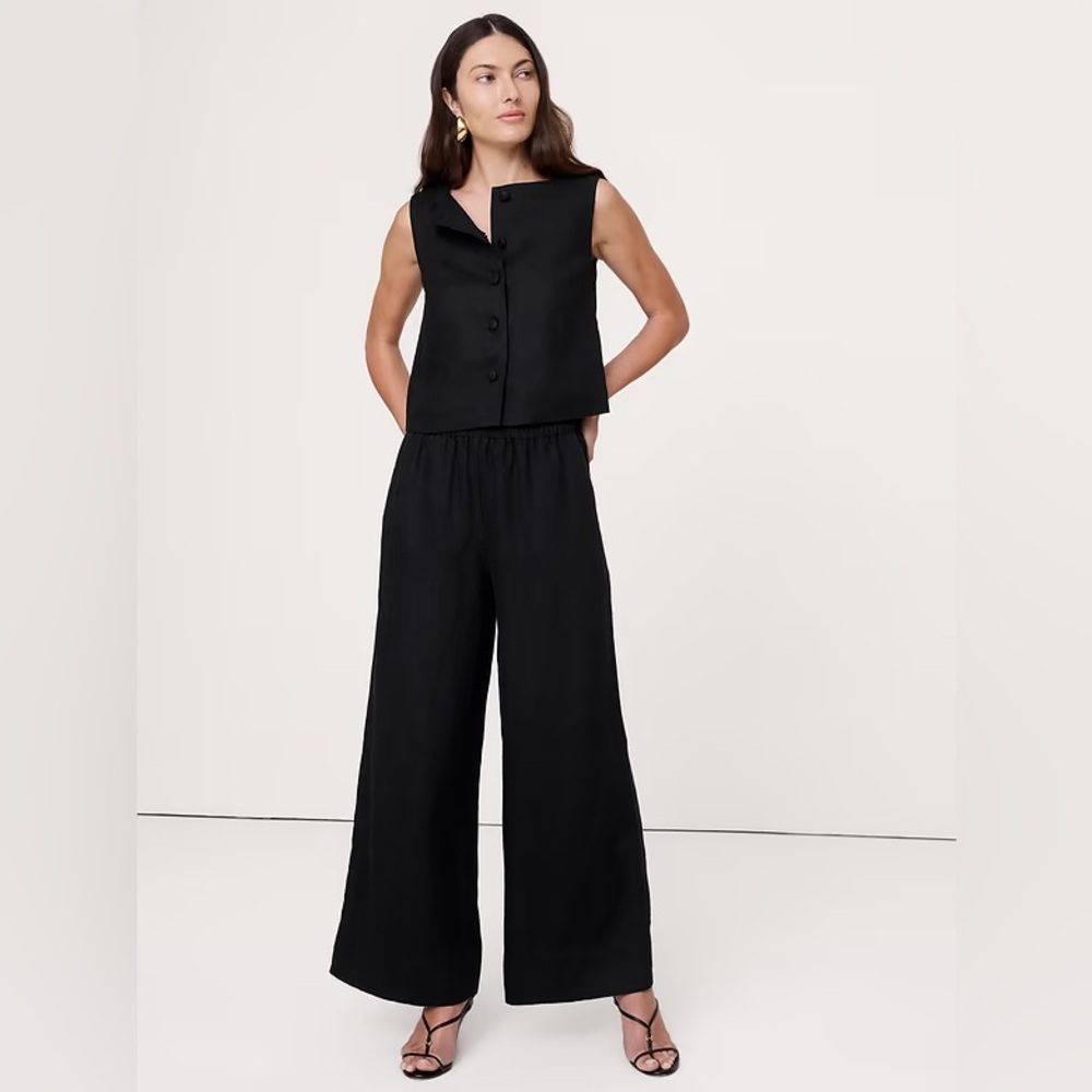 NWT! Banana Republic Black High-Rise Wide-Leg Linen Pull-On Ankle Pant - 🩷901561
